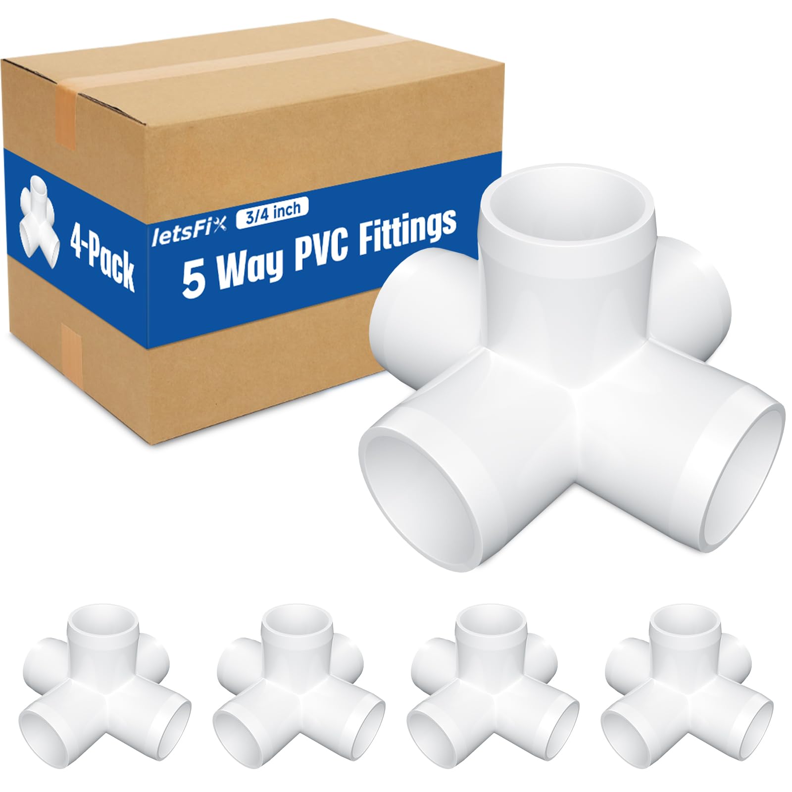 letsFix 3/4" PVC Fittings 5 Way (4-Pack) Furniture Grade, Elbow Connector, Heavy Duty for DIY Furniture, Frames, UV Resistant - Compatible with 3/4"