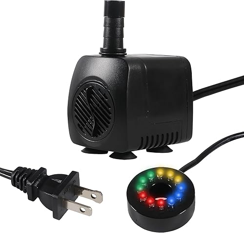 Bomba de agua sumergible para fuente sumergible de 15 W, 220 GPH, bomba ajustable ultra silenciosa (800 lh) con 12 luces LED automáticas coloridas