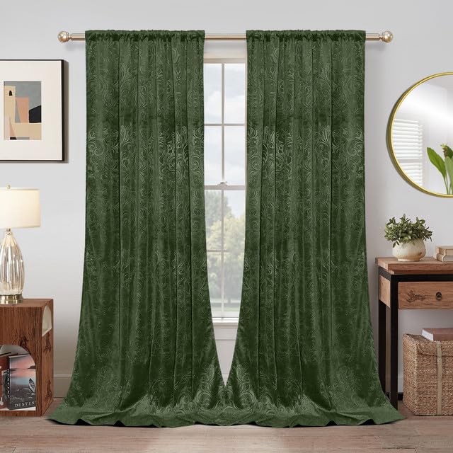 Rosnek Samt Gardinen Vorhang Kräuselband 2er Set, H244 x B132 cm Thermogardine Luxus Vorhang Blickdicht mit Muster, Übergardinen Vorhänge Verdunkelung Barock Deko für Wohnzimmer, Olivgrün