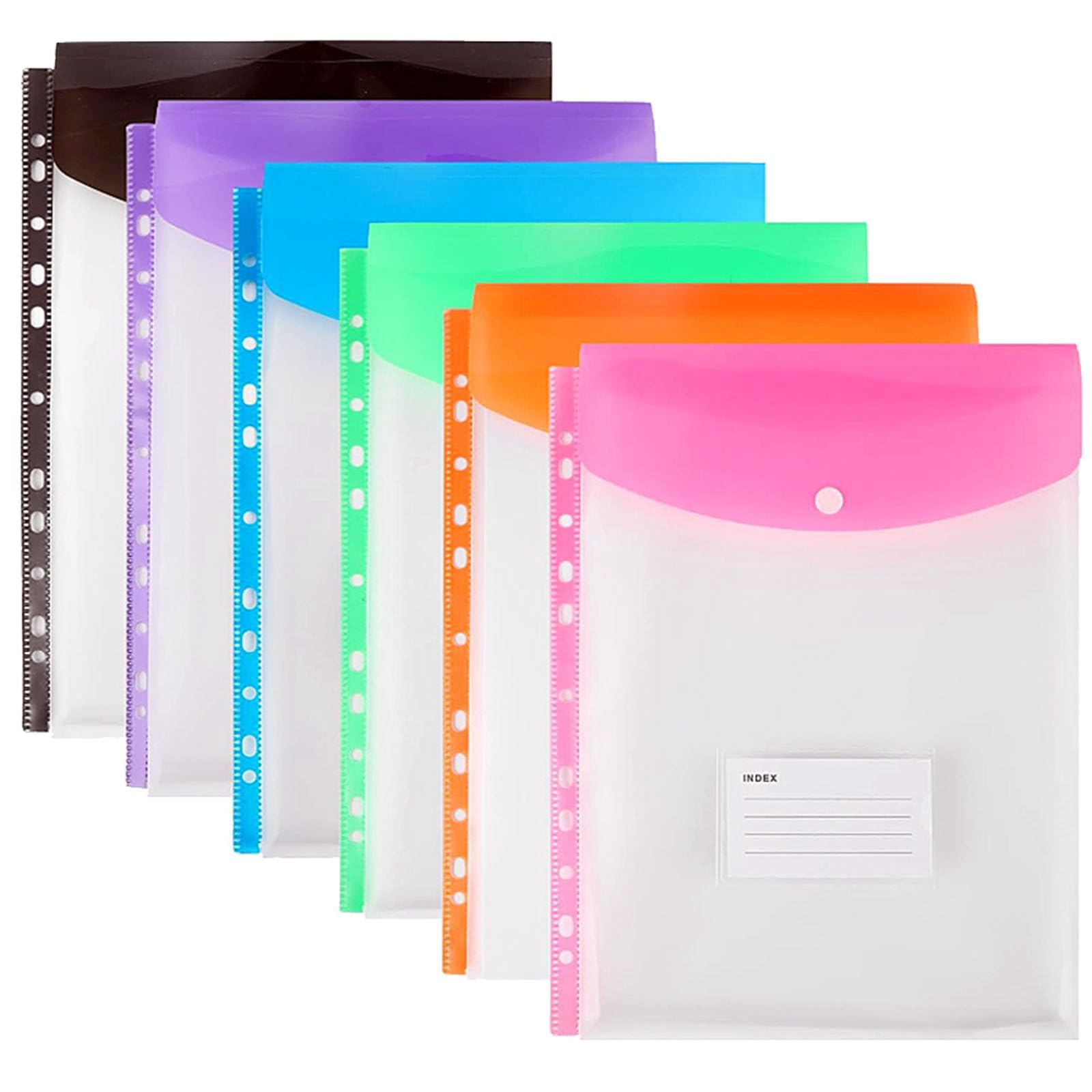 6PCS Plastic Wallets A4 Punched Pockets, 11 Holes Expandable Binder Folders for 2/3/4 Ring Document Pouch with Snap Button & Label Loose-Leaf Transparent for Office School Home (Top Open)