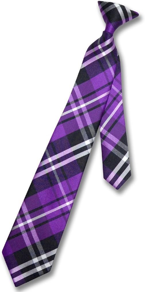 Vesuvio Napoli Boy's CLIP-ON NeckTie PURPLE BLACK WHITE PLAID Youth Neck Tie
