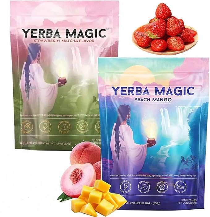 Yerba Magic PeAch MaNGo,Yerba Mate Instant Tea Powder, Magic Strawberry Matcha, Strawberry Matcha/PeAChs Mango, 4-in-1 Functional Blend,Focus and Gut Health (2pcs-Mix)