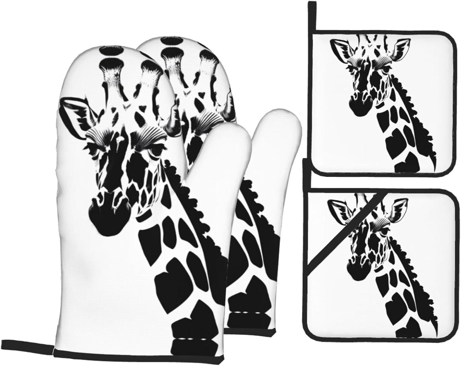 Black and white giraffe Oven gloves and heat-resistant mat 4-piece set. Suitable for grilling, microwave oven frying, and baking