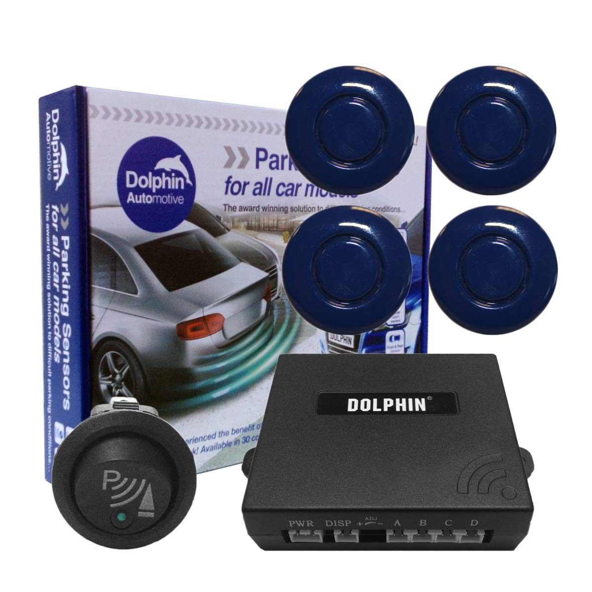 Dolphin Car Van Front Parking Sensors With Longer 6m Leads and Parking Switch in 32 Coloured Options UK (Electric Blue) — view 15