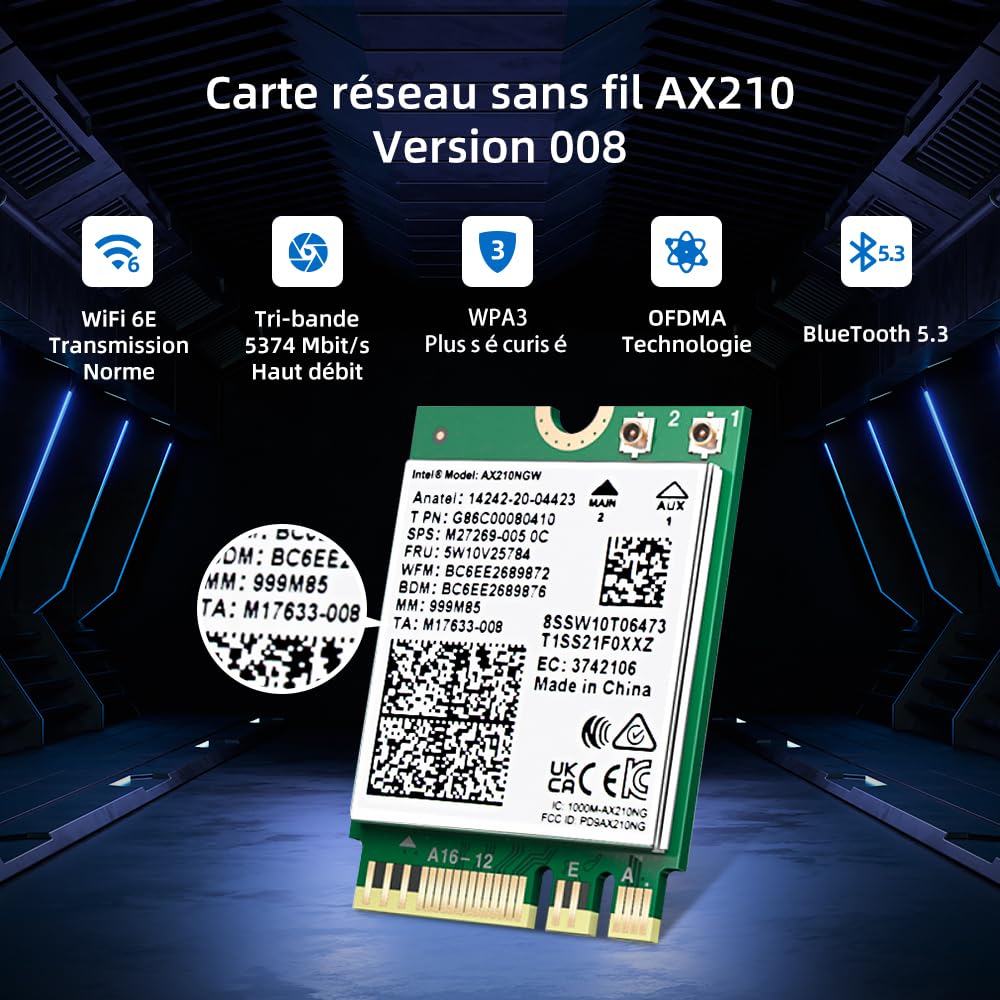 AX210 Carte WiFi 6 PC Portable avec Bluetooth 5.3, AX210NGW Carte WiFi 6E M2 Carte Soutien Windows 10/11 (64bit) M.2/NGFF