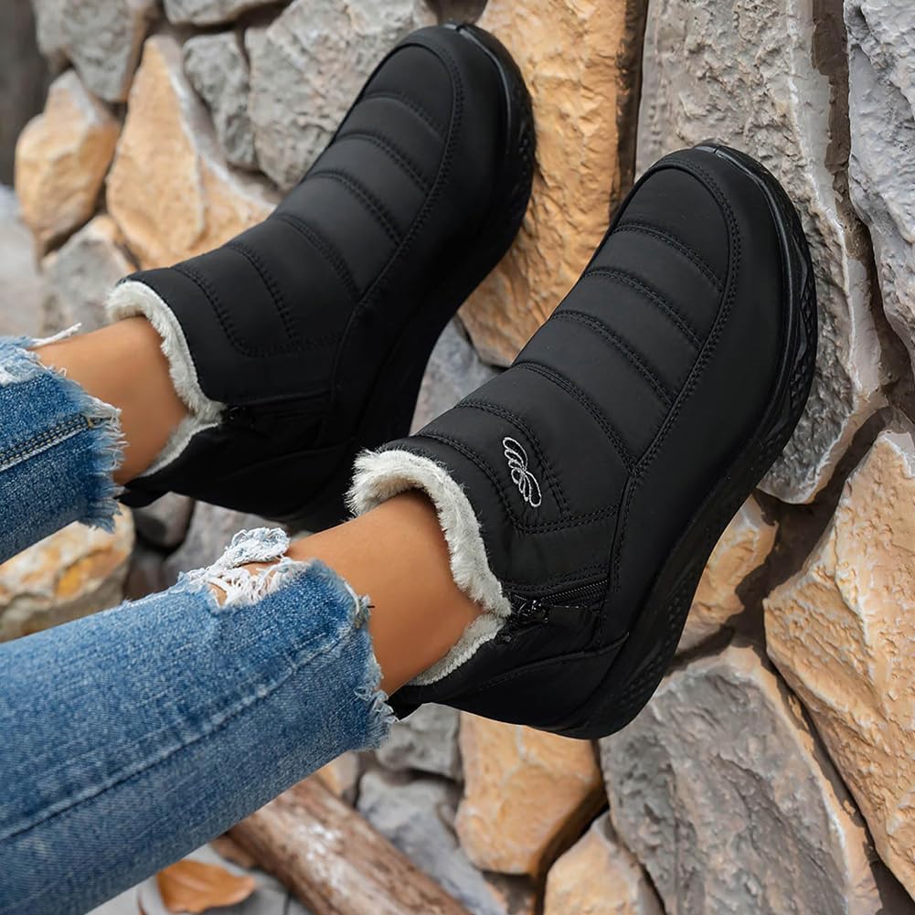 Womens Warm Fur Lined Winter Snow Boots Comfortable Waterproof Slip On Lightweight Outdoor Side Zipper Womens Ankle Boots