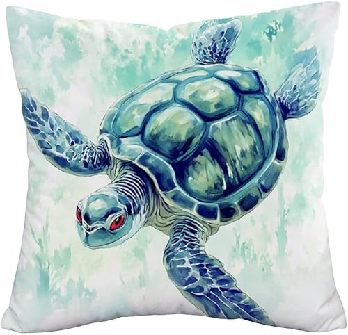 Asminifor Funda de almohada de tortuga, decoración de parque oceánico, temática costera, fundas de almohada decorativas súper suaves cuadradas, 18 x
