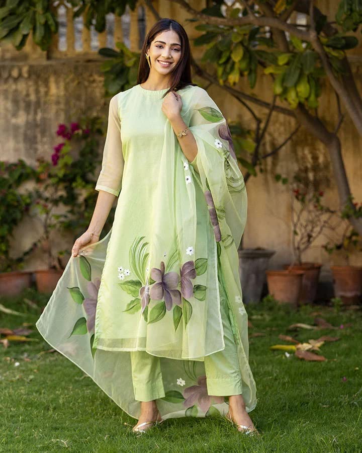 Image of ANNI DESIGNER Women's Chanderi Cotton Straight Printed Kurta with Pant & Dupatta