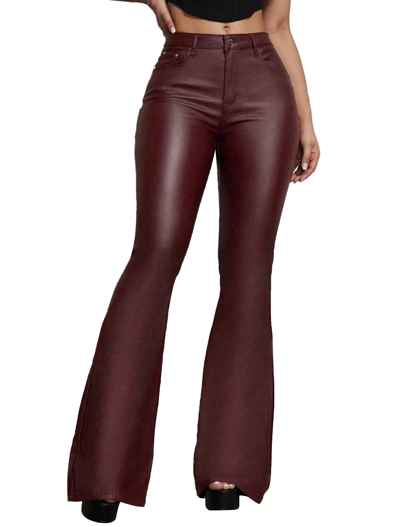 Women's Faux Leather Coated Flare Pants Mid Waist PU Skinny Black Leggings Bell Bottom Pants with Pockets