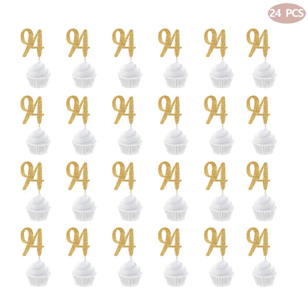 Gold Happy 94th Birthday Cupcake Topper, 24-Pack Number 94 Glitter Birthday Party Cupcake Toppers, Decorations - Image 3