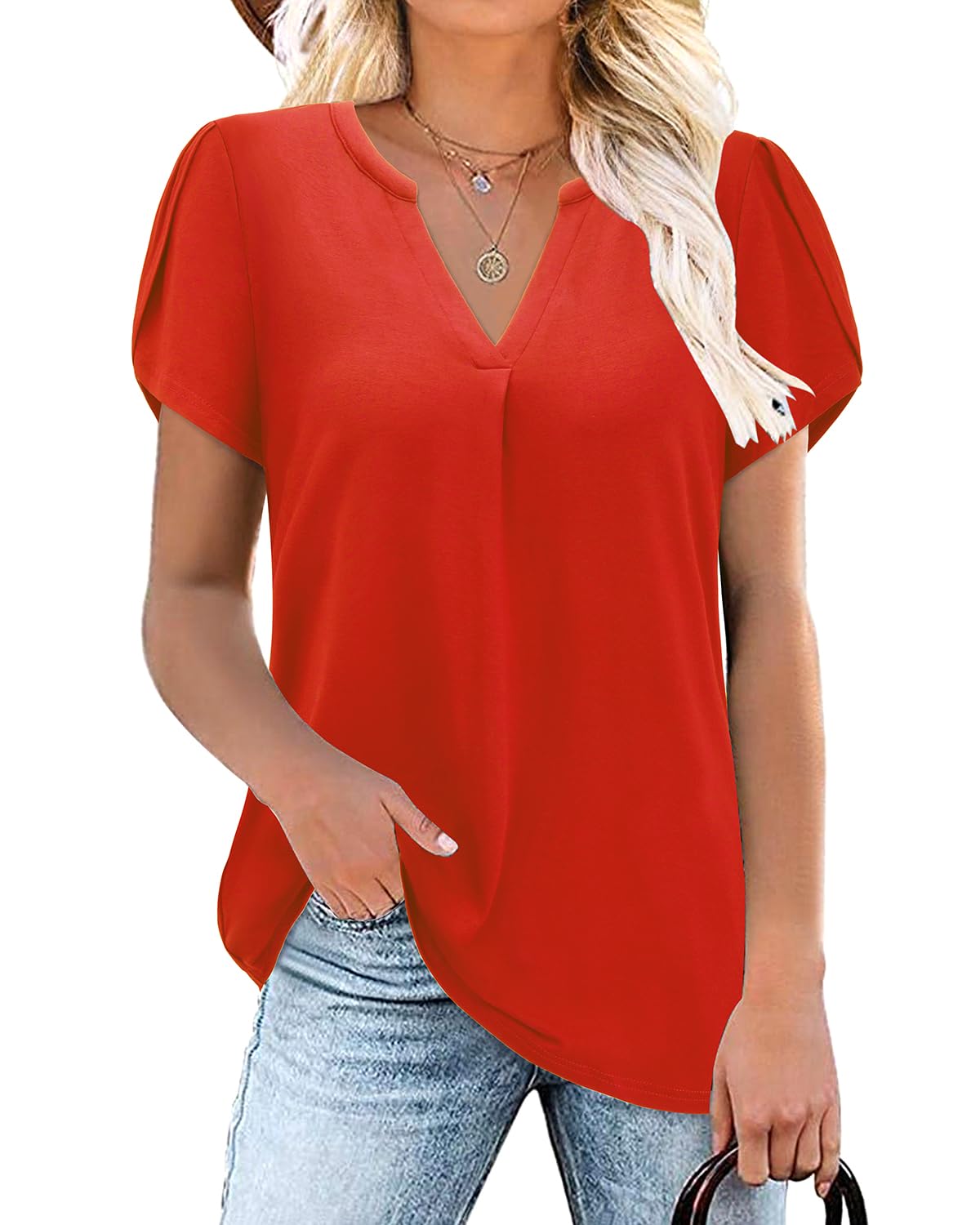 Bulotus Women Summer Casual Short Sleeve T-shirts V Neck Tops Short Sleeve Loose Fit Tunic Blouses