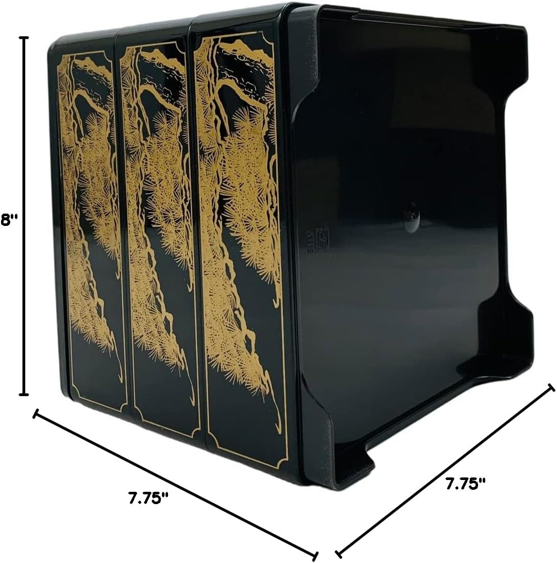 JapanBargain 4119, Jubako Box Japanese Traditional 3 Tiers Stack Box Food Candy Snack Container Bento Box Made in Japan, Plastic Lacquered, Black Crane, 1-Pack