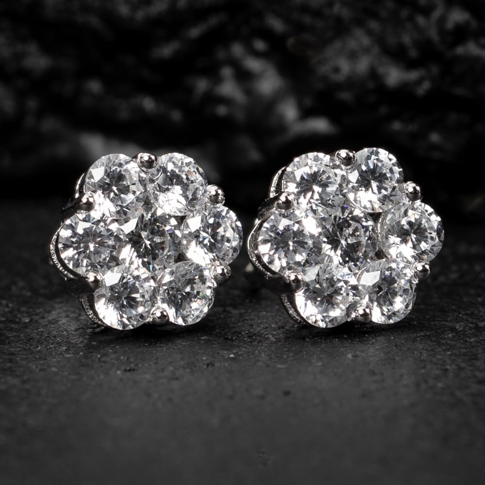 White Gold Plated 925 Sterling Silver Women’s Men’s Iced CZ Round Flower Cluster Hypoallergenic Circle Hip Hop Trendy Fashion Cubic Zirconia Stud Screw Back Earrings