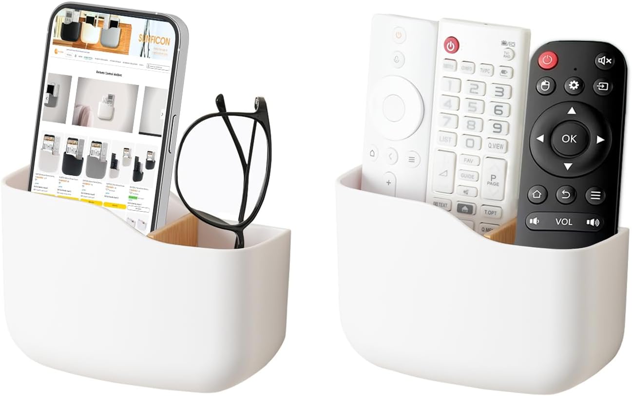 SUNFICON Wall Mount Remote Holder TV FAN Remote Control Holder Bedside Caddy Wall Organizer Phone Holder for Office Adhesive Media Player Controller Holder Box Tray Home Desk Nightstand 2 PACK WHITE
