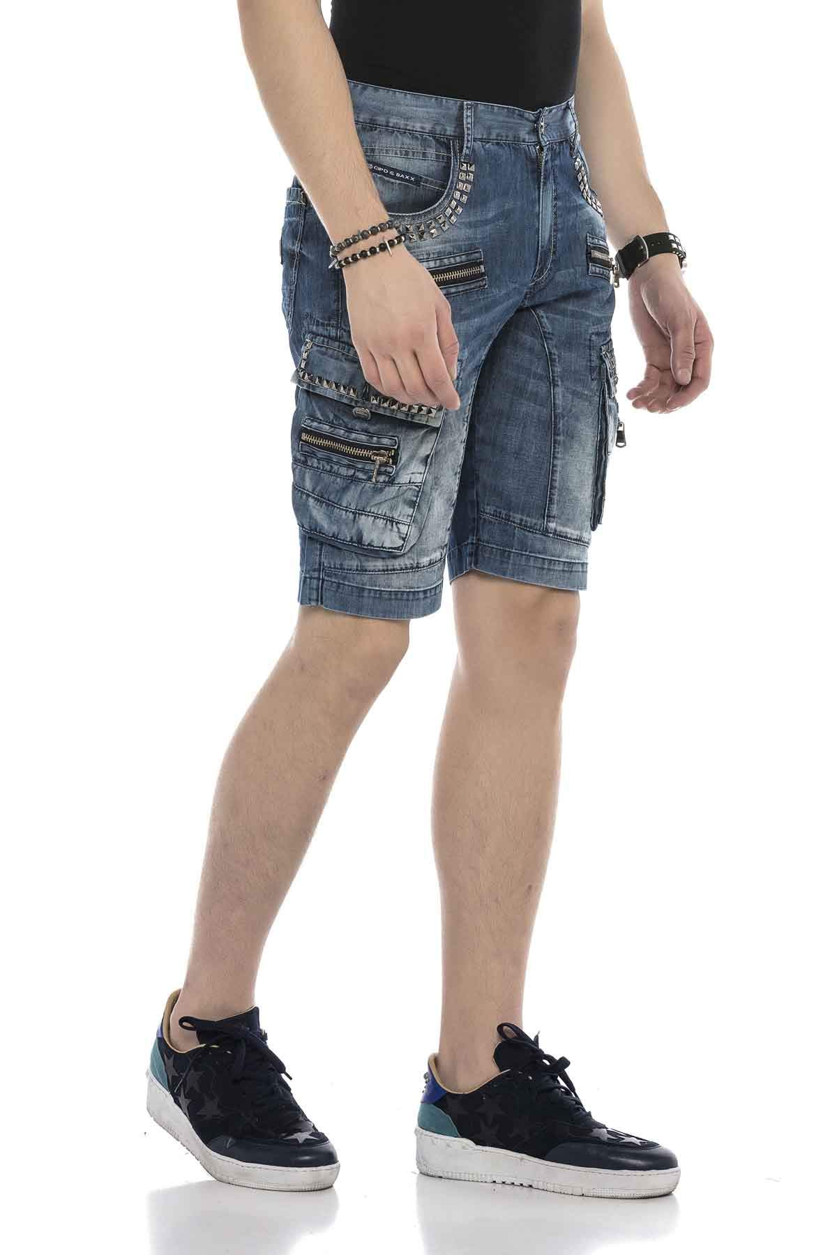 Cipo & Baxx Herren Jeans-Shorts Denim Freizeithose Kurze Hose Reißverschluss Kunstleder Bermuda CK259