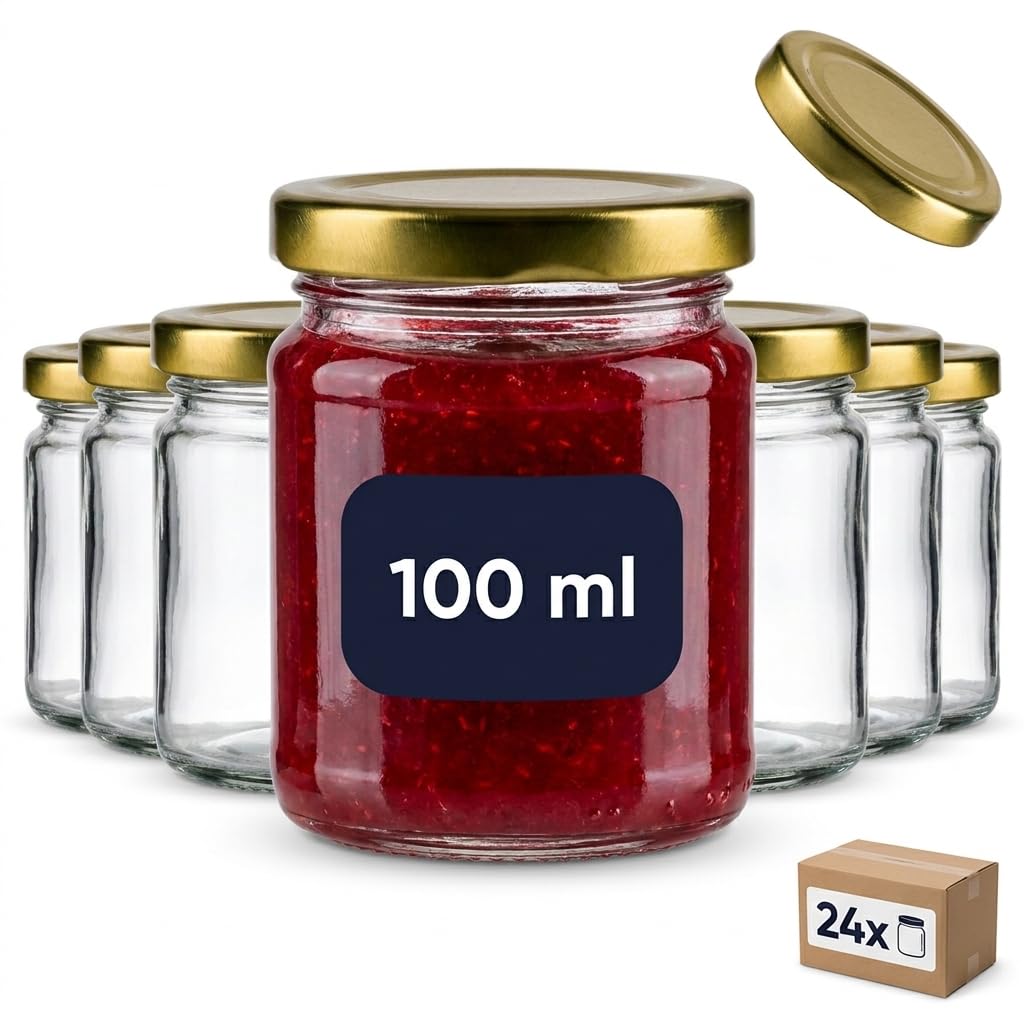 gouveo Zestaw 24 słoików na przetwory 100 ml, okrągłe, z zakręcanymi pokrywkami, w kolorze złotym – małe słoiki na zapasy z nakrętką – słoiki zakręcane do gotowania i przechowywania