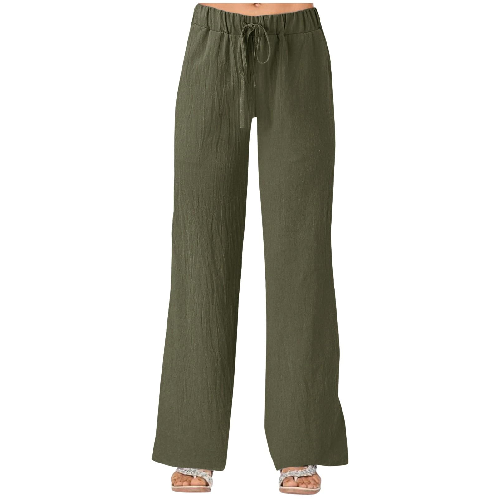 Women's Summer Cotton Linen Trousers Wide Leg High Waisted Loost Fit Casual Pants Drawstring Flowy Lightweight Comfy Bottoms for Beach Holiday (Army Green, XXL)