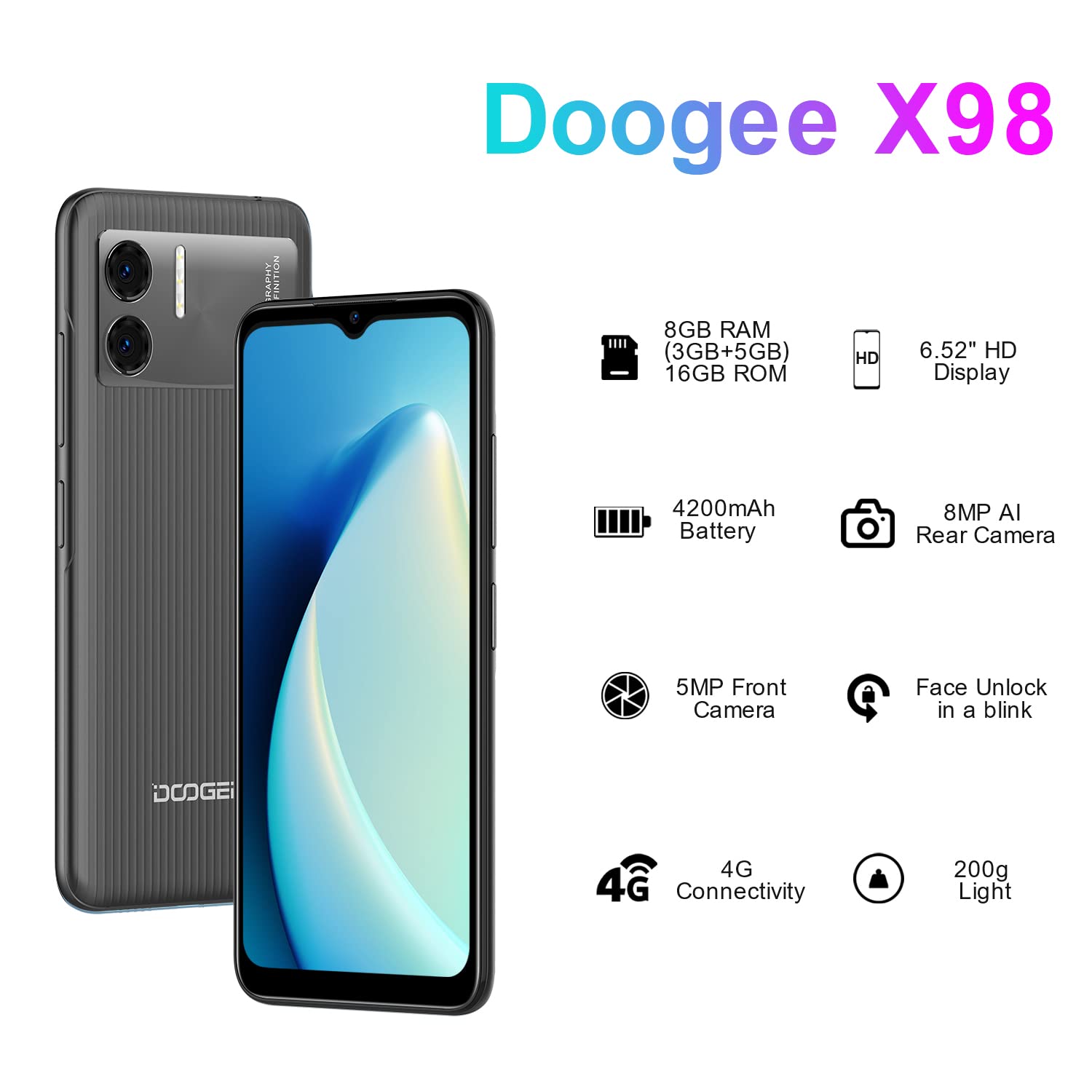 DOOGEE X98 Mobile Phone, Android 12, 6.52 Inch HD+ Screen, 4200
