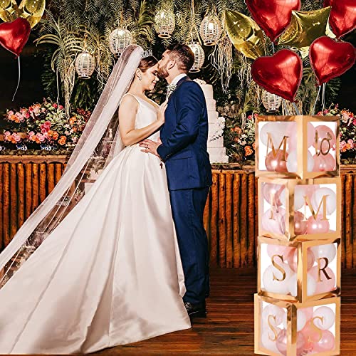 Image of Fonder Mols 4pcs Rose Gold Transparent Balloon Boxes with MISS TO MRS Letters for Wedding Bridal Shower Engagement Cake Smash Backdrop(No Balloons)