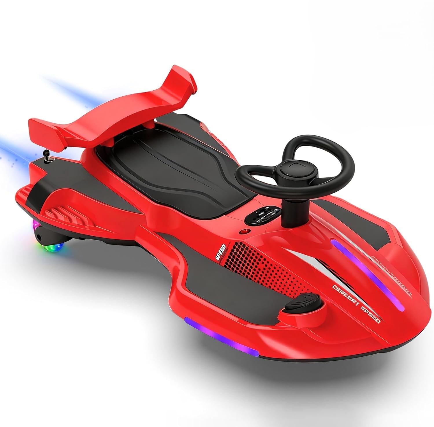 Auto Elettrica Bambini 12V Macchina Vorticar Piroettante 2 in 1 con Sterzo 360° Effetto Fumo Musica Luci LED Pedale Cavalcabile Antiribaltamento per Bambini 3-8 Anni fino a 50 Kg Rosso