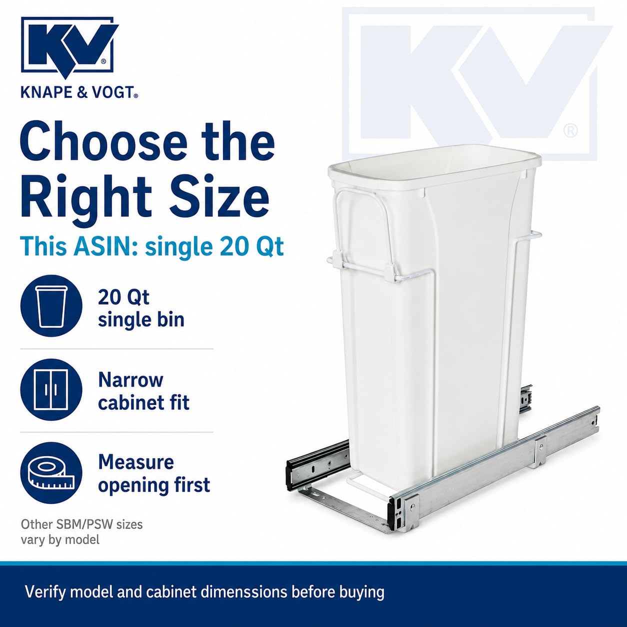 Knape & Vogt RS-PSW9-1-20-W Abfalleimer, 43,2 x 20,3 cm (H x B x T), Stahl, 20 Qt. Einzelner weißer ausziehbarer Mülleimer
