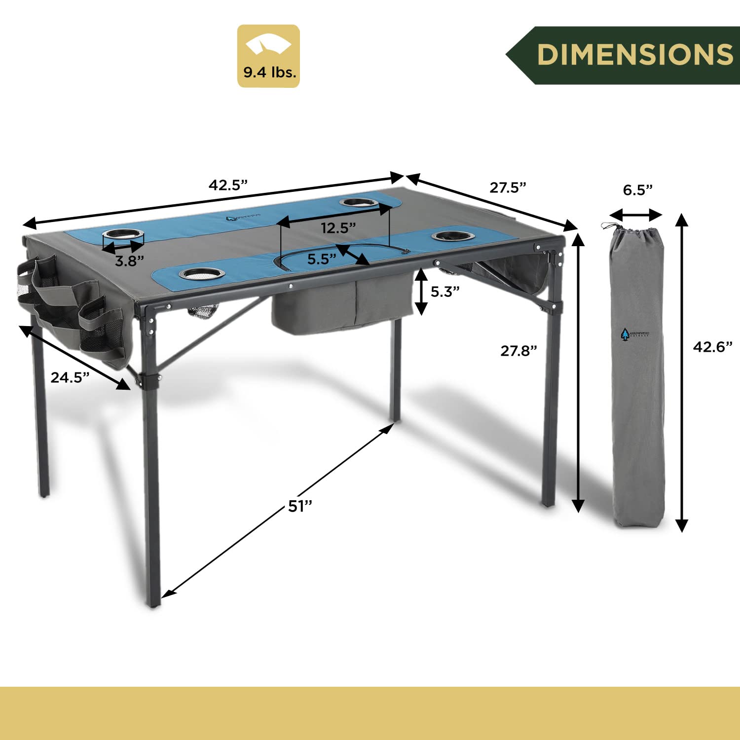 ARROWHEAD OUTDOOR 51â€_x009d_ Heavy-Duty Portable Folding Table, 8 Cup Holders, Integrated Cooler, 2 Side Storage Pouches, No Sag Surface, Carrying Case, Steel Frame, High-Grade 600D Canvas, USA-Based Support
