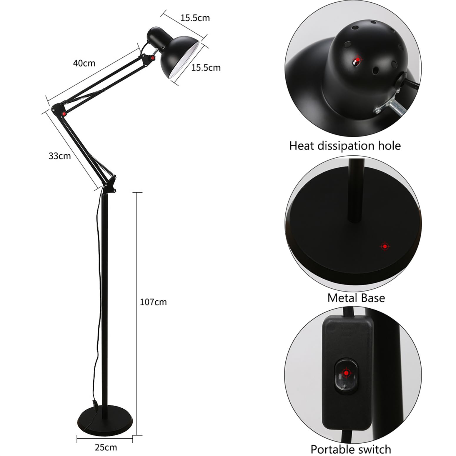 Lampade Standard Soggiorno Lampada da Terra con Braccio oscillante in Metallo Lampada da Lettura Regolabile per architetti Palo con Base Resistente per Soggiorno Camera da Letto S