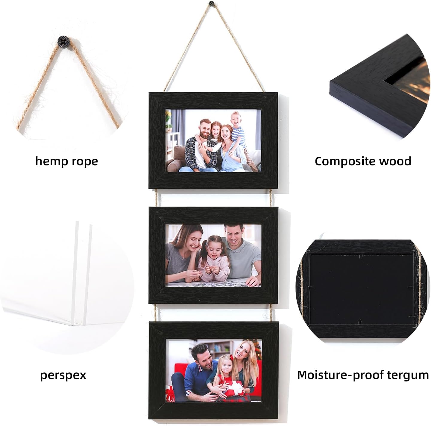 4x6 Wall Hanging Picture Frames, Black 3 Opening Collage Photo Frames.