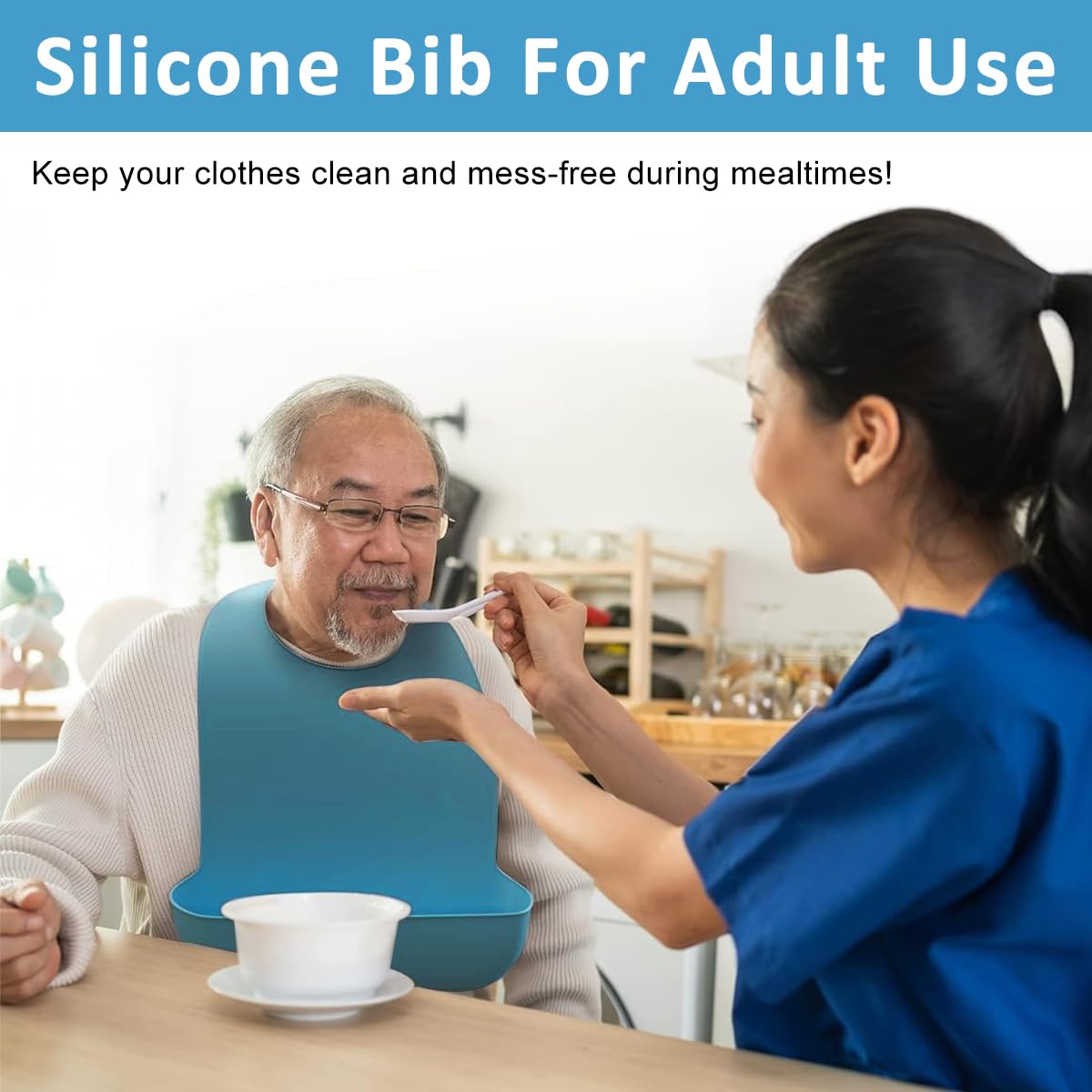HANNEA® Silicone Adult Bibs Small Reusable Bib with Catch-All Pocket & Adjustable Neck Strap, Waterproof Dining Bibs for Elders, Patient, Easy To Clean 17.7x11.4 Inches (Blue) - Image 6 thumbnail