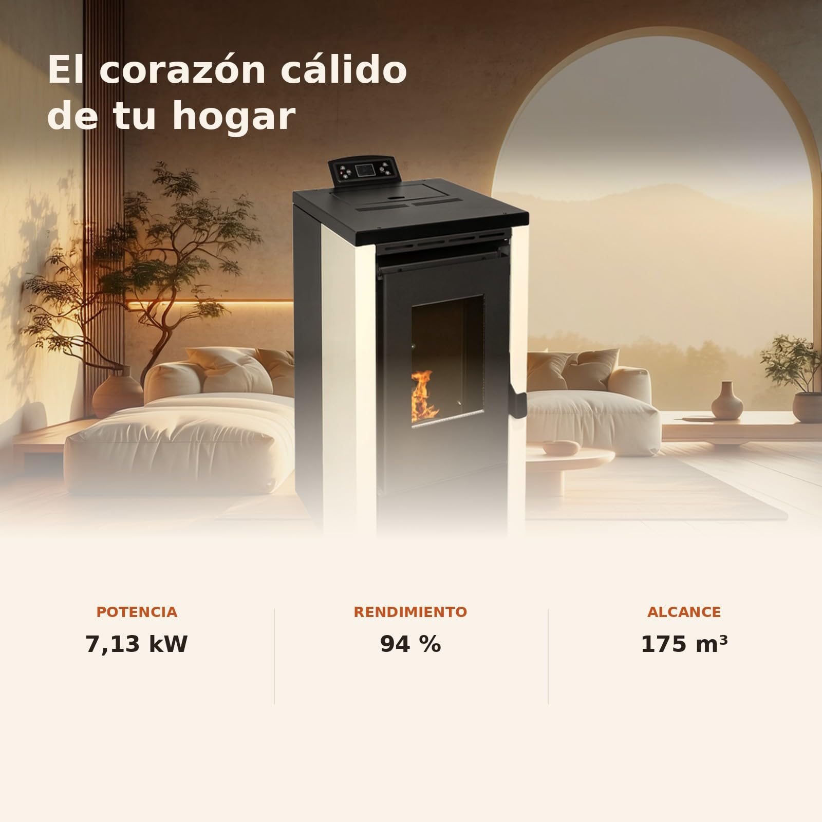 EIDER BIOMASA Estufa de Pellets ELITE 7 – 7,1 kW – Compacta – Rendimiento 94% – Hasta 175 m³ – Tolva 13 kg – Programable WiFi y Mando – Encendido Rápido – Clase A++