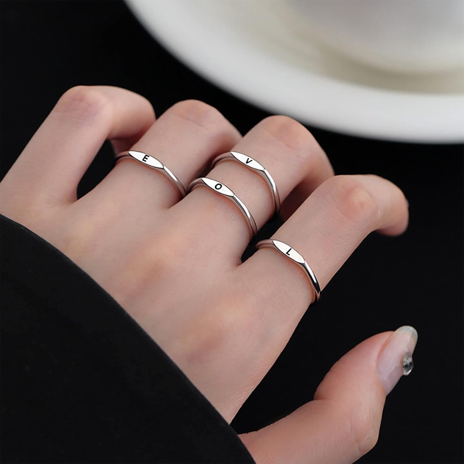 Long tiantian Silver Initial Rings for Women Thin Stackable Initial Rings for Teen Girls Open Adjustable Letter Ring Stainless Steel Capital Alphabet Ring A-Z - Image 3