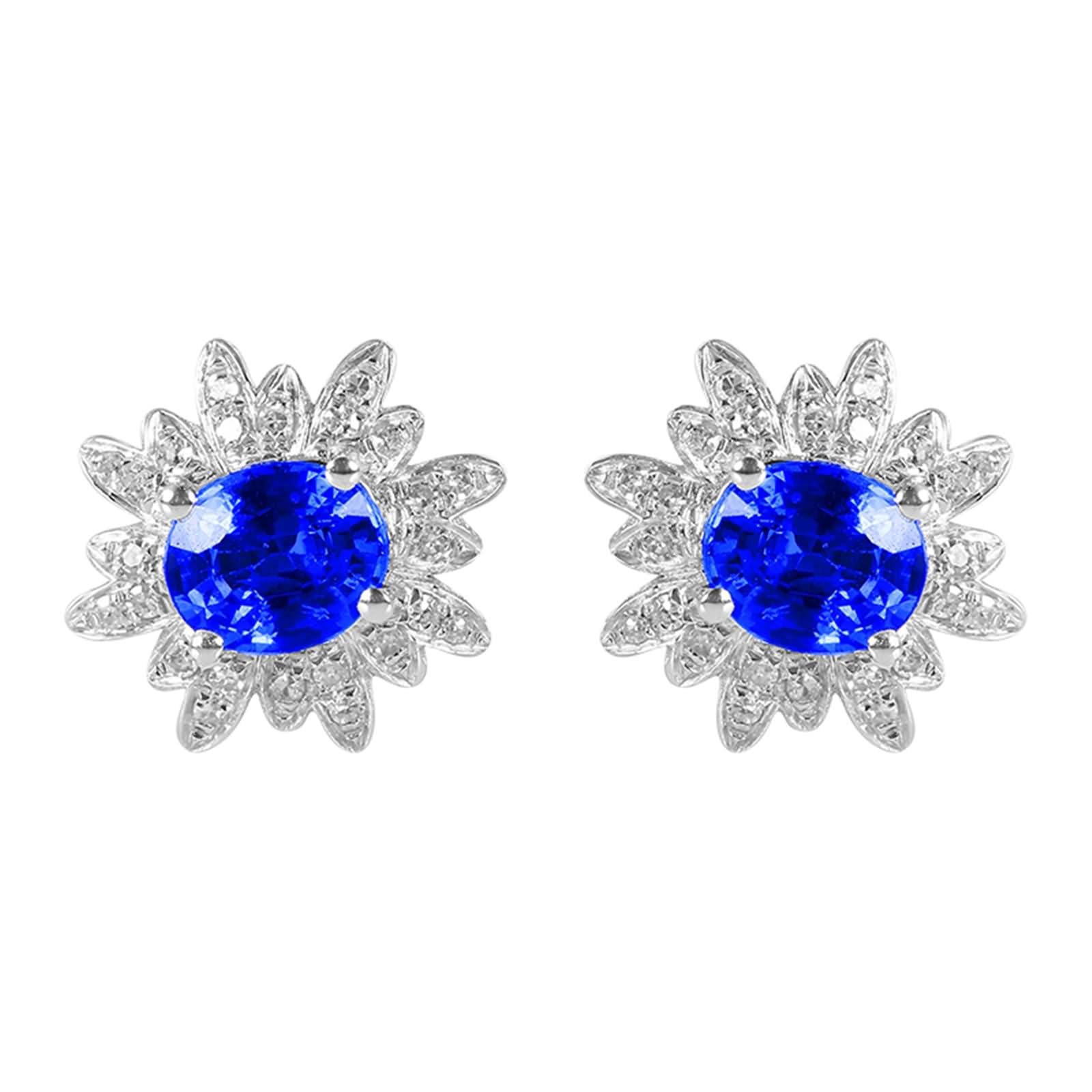 Weißgold 375/585 / 750 Ohrringe Hochzeit Damen, Blume und Oval mit Erstellter Saphir 0,9 Karat und Moissanit, Frauen Ohrring Blau Silber