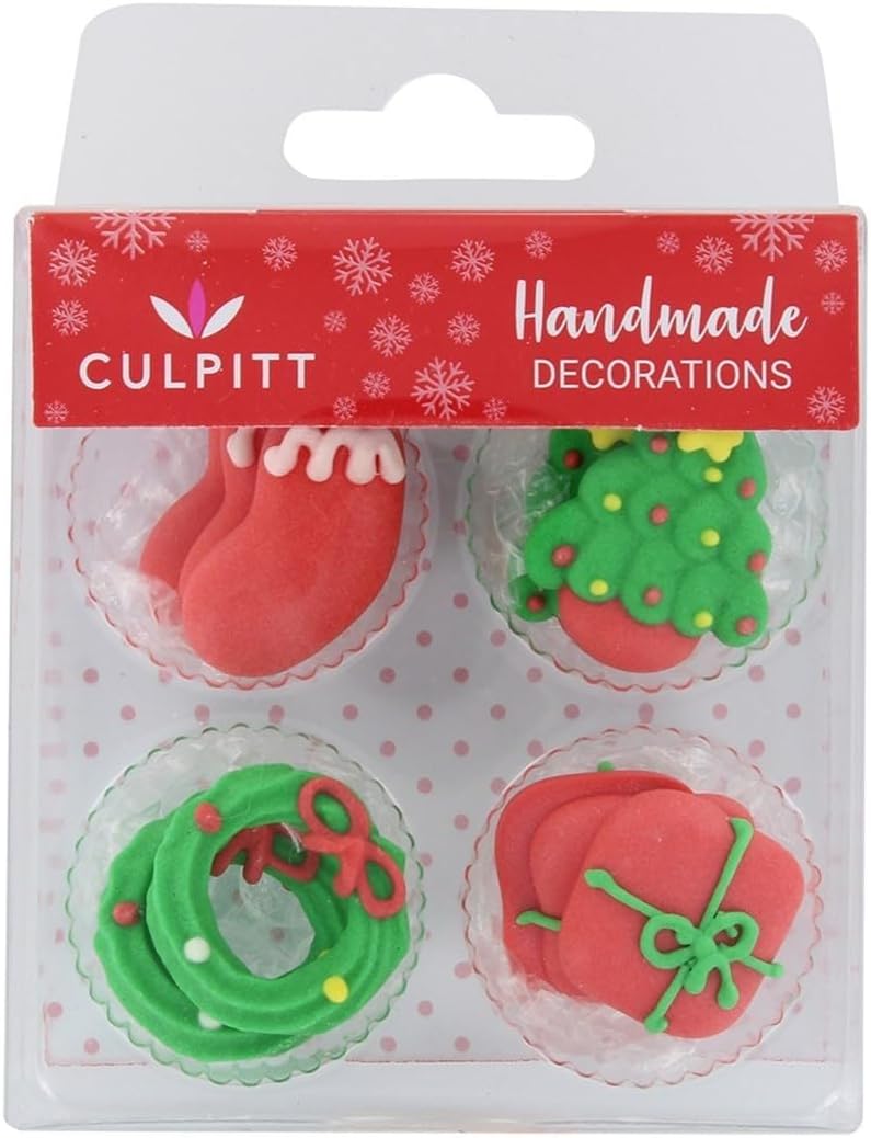Christmas Icons Sugar Pipings, Edible Royal Icing Decorations, Festive Red and Green Winter Cake and Cupcake Toppers, Presents, Christmas Trees, Stockings, Wreaths - Pack of 12