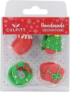 Christmas Icons Sugar Pipings, Edible Royal Icing Decorations, Festive Red and Green Winter Cake and Cupcake Toppers, Presents, Christmas Trees, Stockings, Wreaths - Pack of 12
