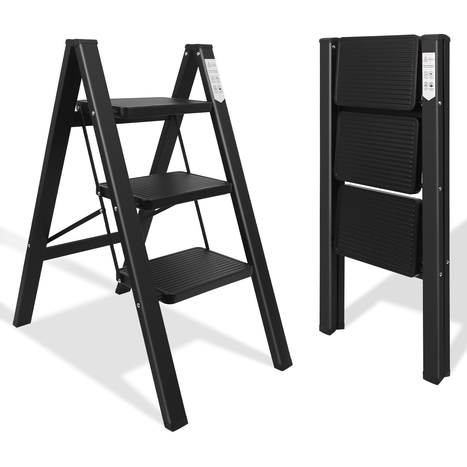 Escabeau 3 Marches Pliable Noir | Antidérapant, Max 150kg, Robuste, Intérieur Extérieur