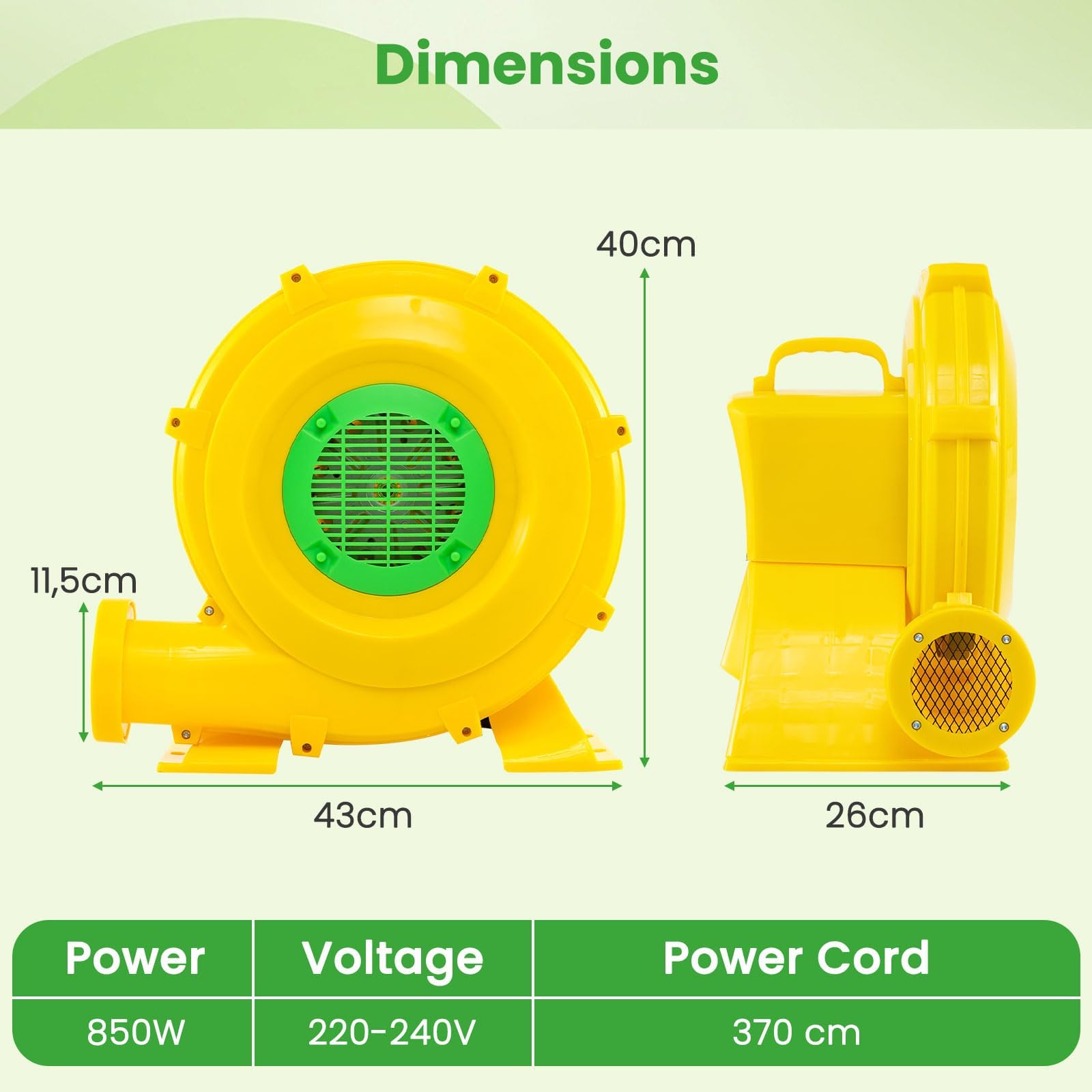 FANTASK Bomba de Ventilador para Castillo Hinchable, 850 W, para Juguetes inflables, soplador con Mango y Anclaje al Suelo