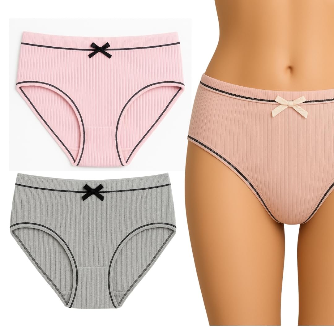 Women’s Mid-Waist Cotton Panty – Soft Breathable Ribbed Underwear with Bow & Contrast Stitch (Multicolour) (Waist:26 to 36Inch)