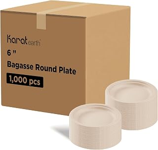 KARAT EARTH Bagasse Compostable Plates - Biodegradable, Natural, Microwaveable-Safe, PFAS-Free, 6-Inch - Case of 1000, KE-BPR06N-1CFF