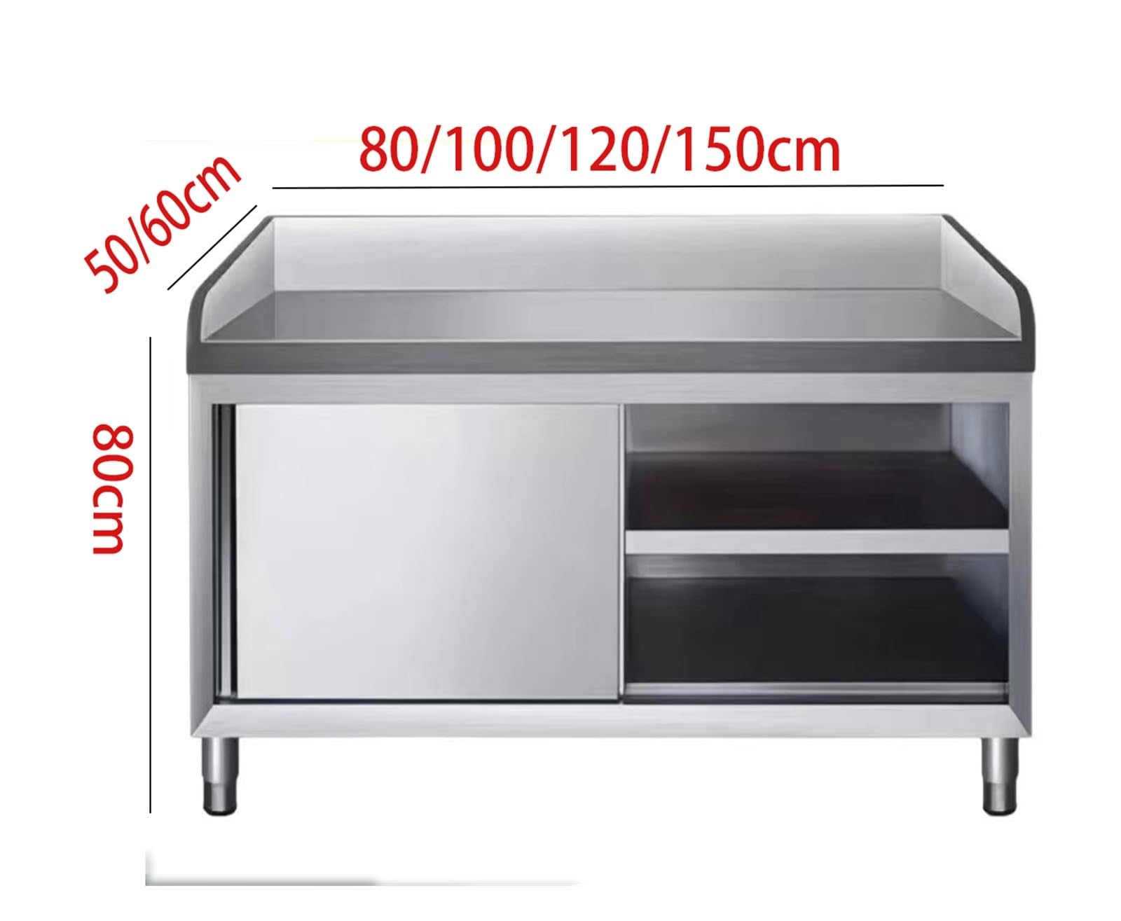 Tavolo da lavoro in acciaio inox con armadietto deflettore, panca da cucina commerciale con ante scorrevoli per preparazione, resistente, per ristorante, garage (150 x 50 x 80 cm)