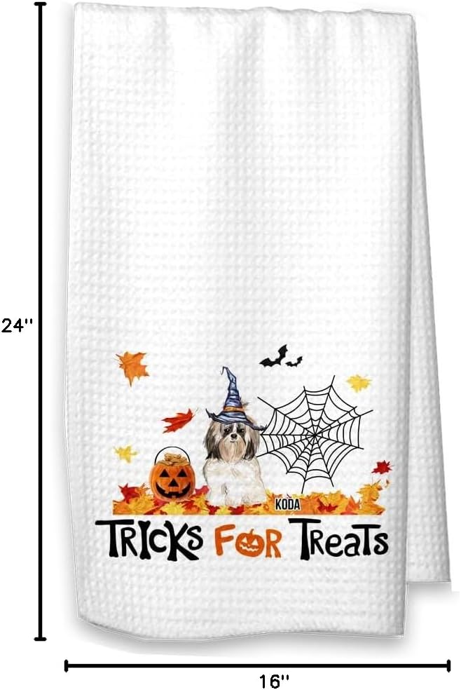 Studio 9Thirty3 Tricks for Treats Shih Tzu Halloween Kitchen Waffle Towel Shih Tzu Fall Decor (White Towel, Shih Tzu Black Personalized)