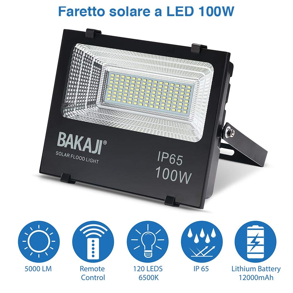 BAKAJI Set 2 Fari Led Esterno 100W con Pannello Solare Luce Bianco 6000K Ultra-Luminoso 1000LM Lampada Faro Faretto con Telecomando Timer e Sensore Crepuscolare Faretti Risparmio Energetico IP65