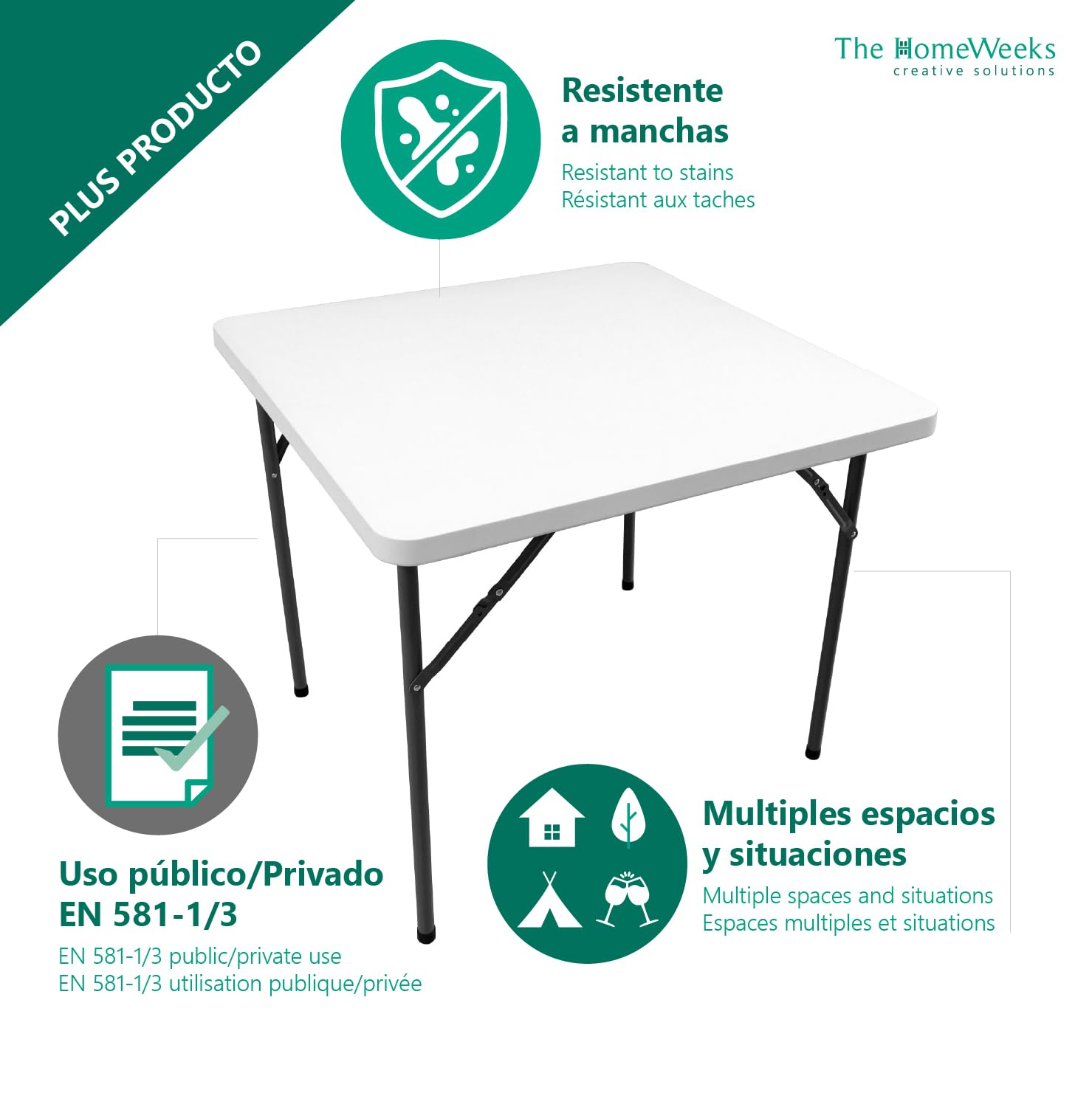 Mesa plegable SOLID Cuadrada 86*86*74cm | Portátil | Multifuncional | Normativa Uso Público Interior/Exterior (EN 581-1/3) | Tablero Resina HDPE 3,8cm. | Capacidad 4 Personas | Carga 120 kg.