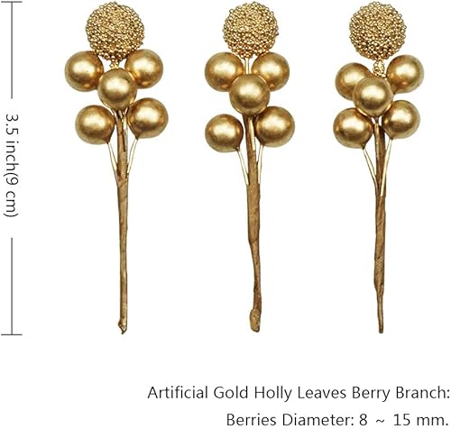 Miniatura 2 de DRWATE Bilipala - Hojas de acebo artificiales doradas, tallos de bayas falsas de invierno, Navidad, decoración para guirnalda de bricolaje y adornos