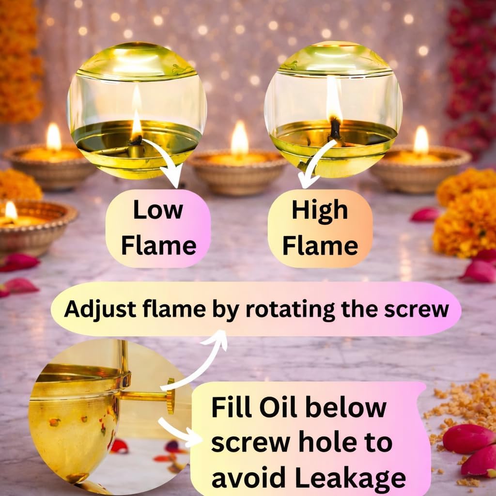 Narayan Bhakti™ Brass akhand Diya ,Big Size 250ml Oil Capacity with Wick-Lifting Screw Lever & Borosilicate Glass – Long Burning Oil lamp for Pooja | deepam for Mandir, Home Temple & Festive use