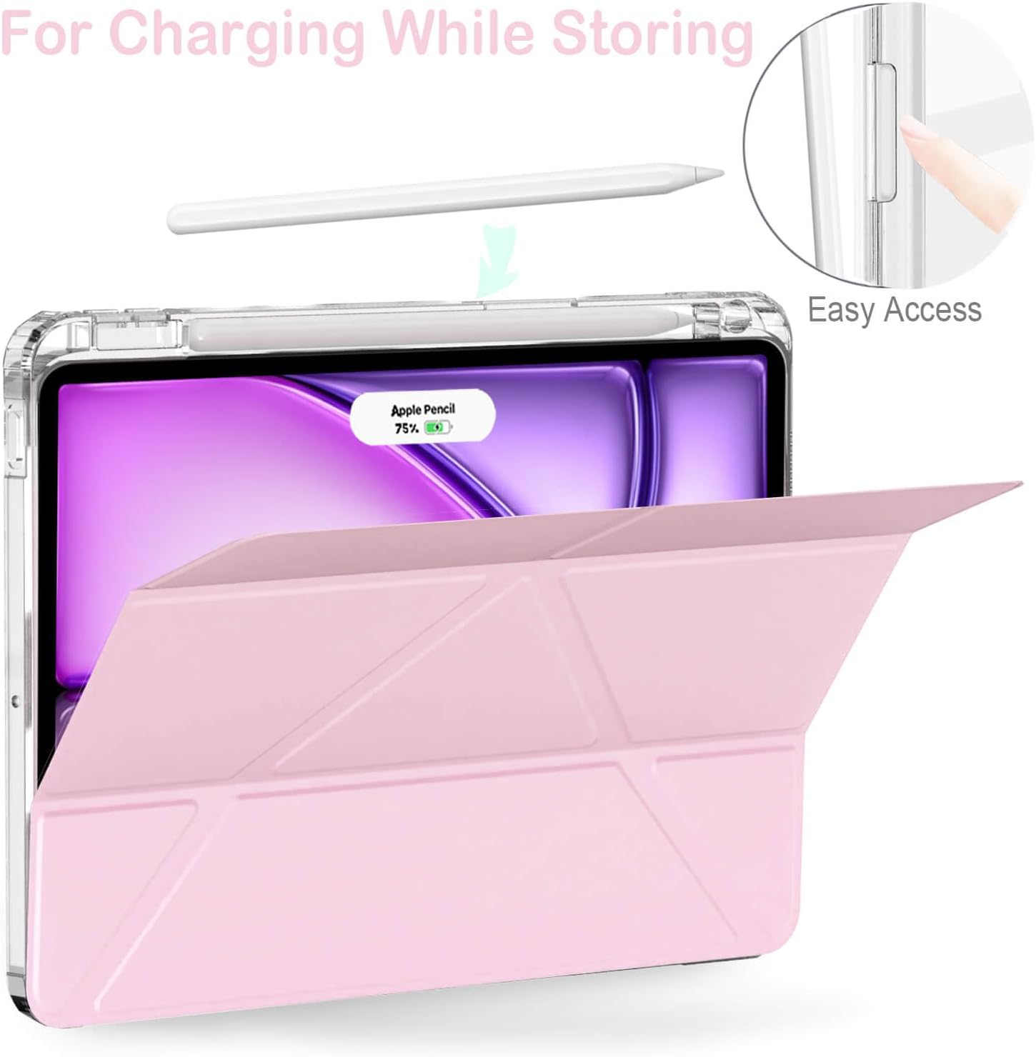Feams Y Fold Case for iPad Air 11-inch M3 2025 / M2 2024, iPad Air 5th/4th Generation 2022/2020 10.9 Inch Y-Shaped Standing Case Clear Back with Landscape Portrait Mode Pencil Holder, Pink - Image 7