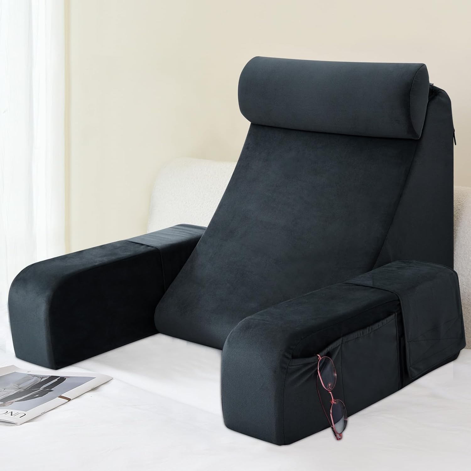 ENITYA Back Pillow for Bed Sitting up, 19" Reading Pillow for Sitting in Bed Adult, Back Support Pillow with Arms for Watching TV/Reading/Gaming/Resting, Medium(Black) Black Medium(5'3"-5'10")