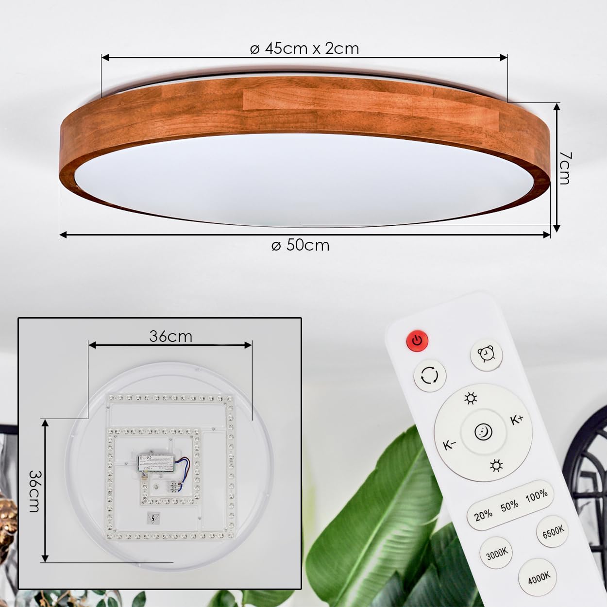 Plafoniera a LED HOFSTEIN Sofo, lampada da soffitto in metallo/legno/plastica naturale/marrone/bianco, moderna (Ø 50 cm), CCT regolabile, con telecomando, sala pranzo, soggiorno, cucina, camera letto