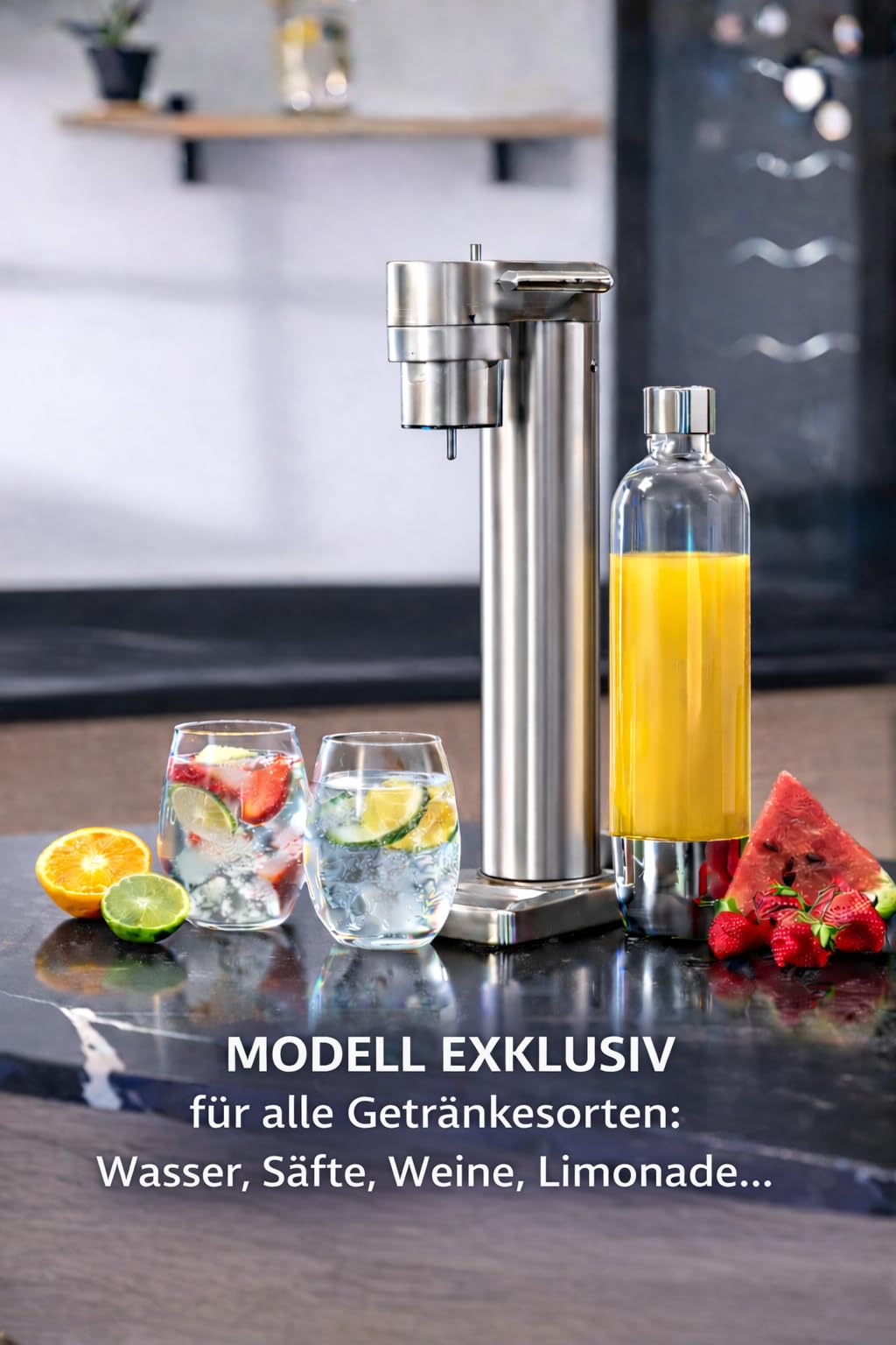 Wassersprudler Fizz Club Fusion für Wasser und Softdrinks, Edelstahl gebürstet, ohne Strom, kompatibel mit universellen CO2 Zylindern