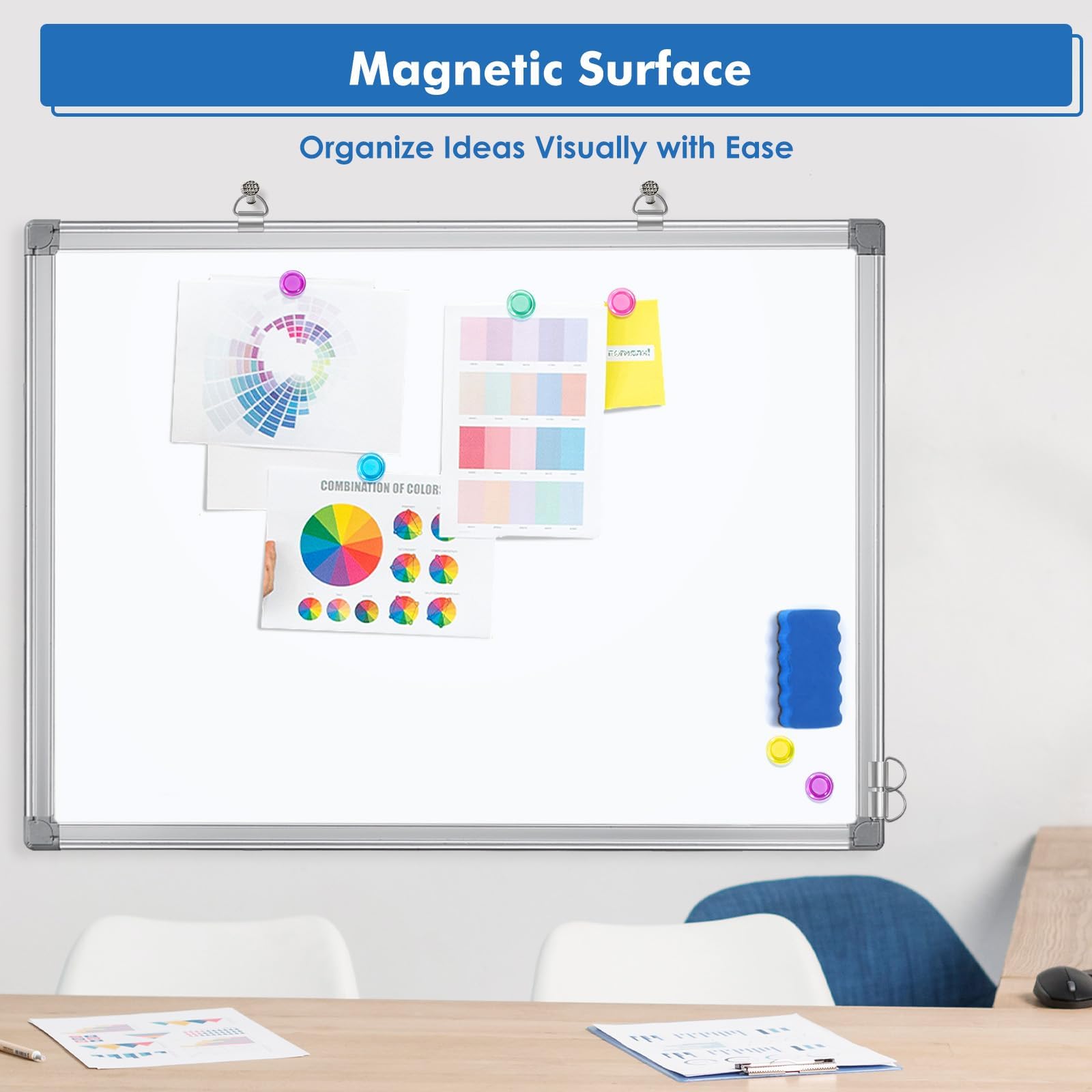 Tableau Blanc Magnétique Effaçable 60x45 Cm - Cadre Aluminium, 4 Marqueurs, 6 Aimants - Installation Sans Perçage Pour Porte Ou Mur