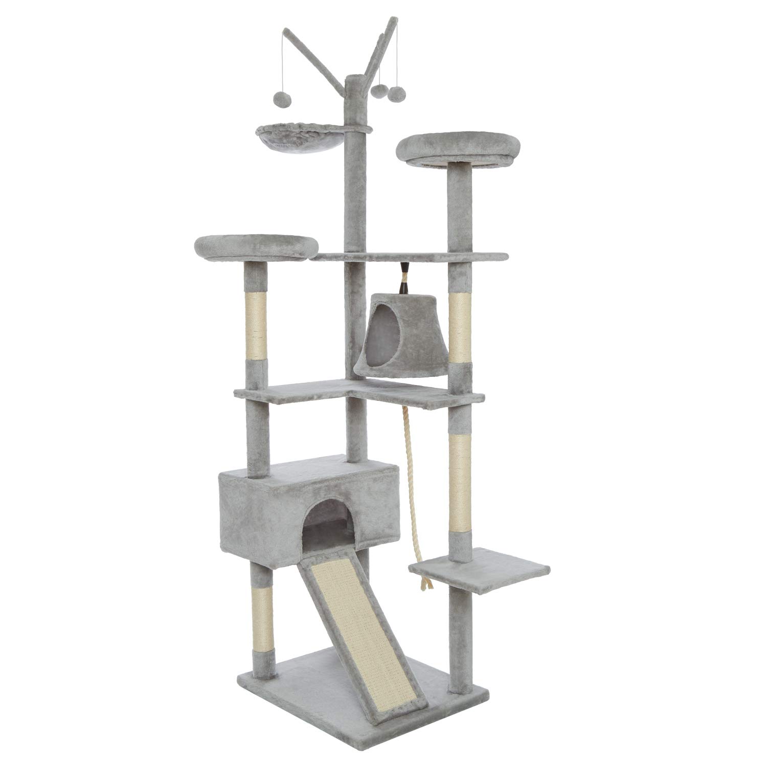 Meerveil Cat Tree, 210cm Cat Tower for Indoor Cats, Cat Climbing Tree with Activity Platforms, 3 Pompoms, 2 Condos, Basket and Sisal Scratching Posts, Light Grey